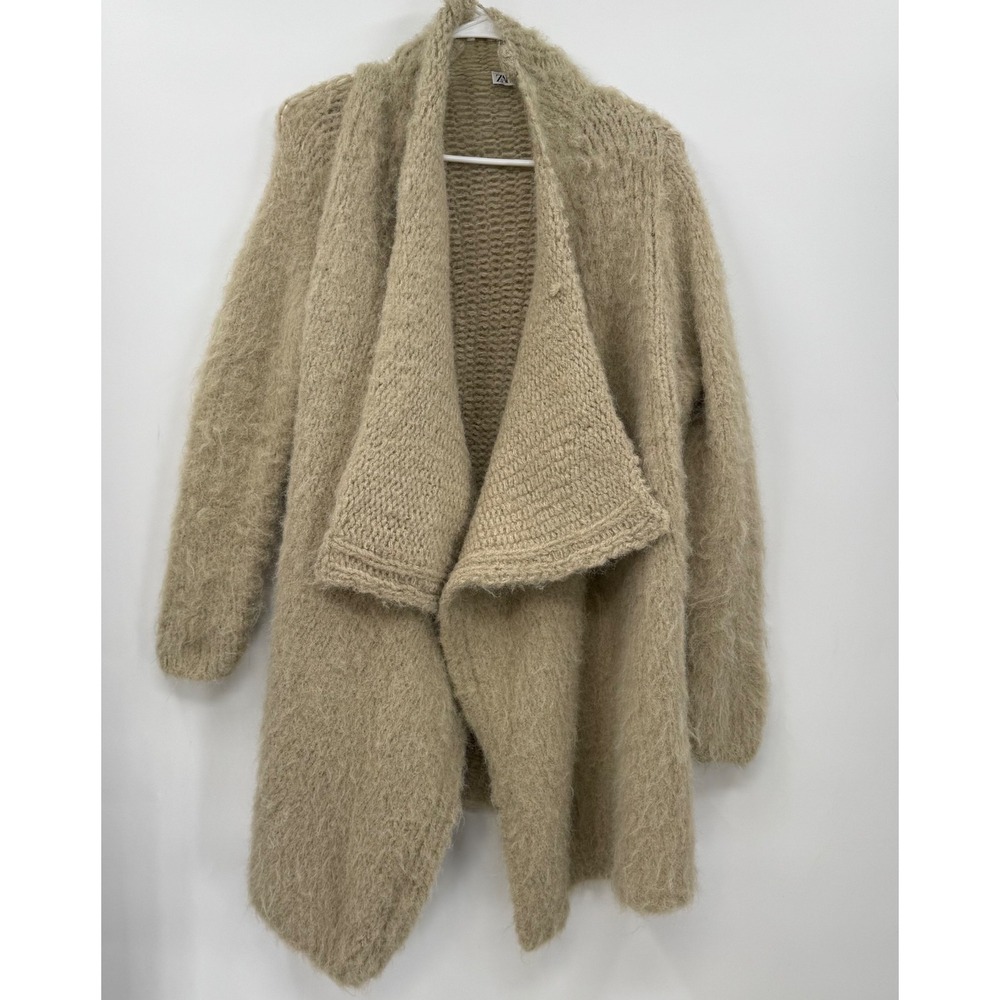 Zara Chunky Knit Mohair Texture Thick Cozy Beige Green Cardigan S/M